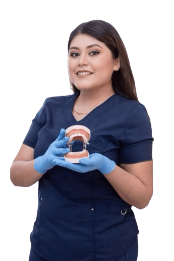 Dra. Gabriela Cuevas sosteniendo un modelo dental